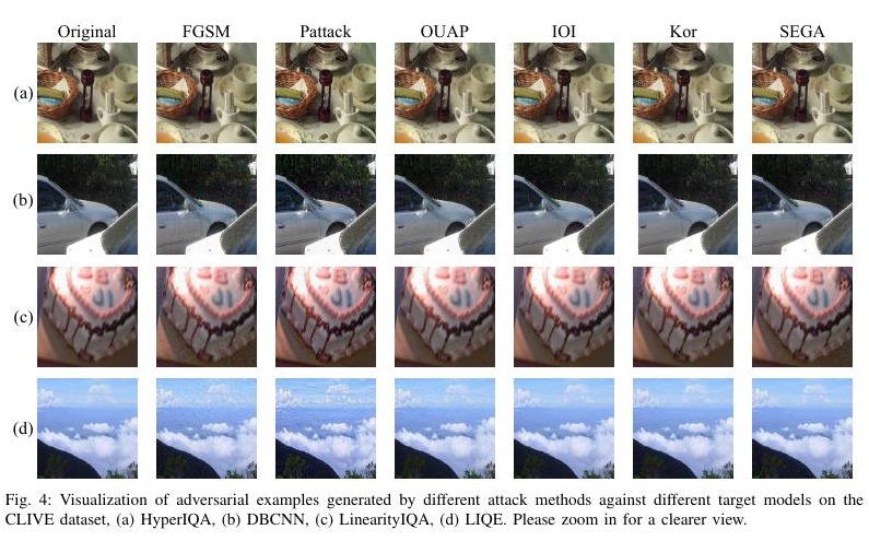 Adversarial examples generated by SEGA and competing attacks.